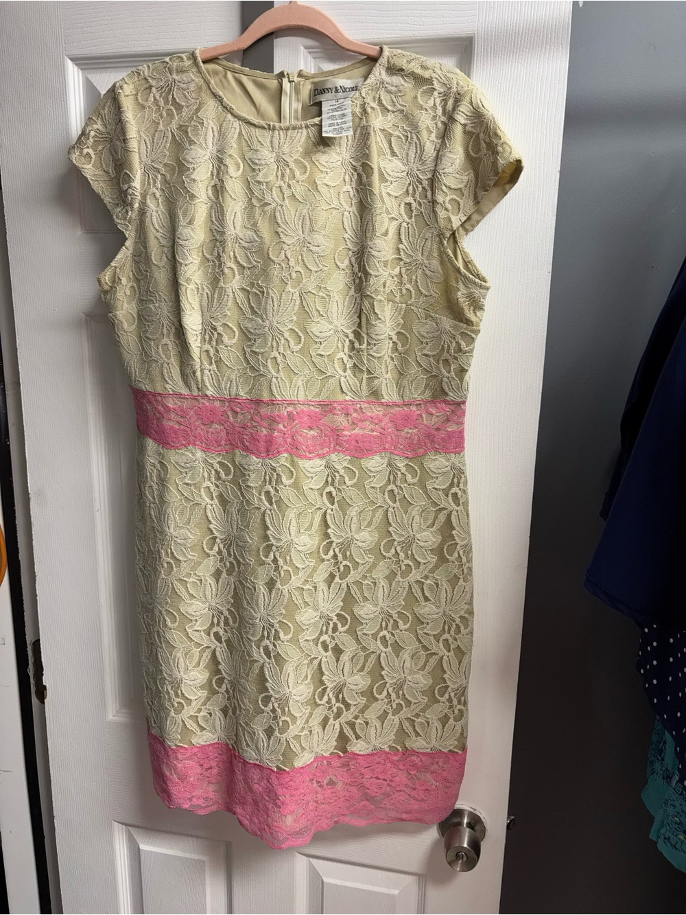 Danny & Nicole Cream Lace Mini Dress with Pink Trim